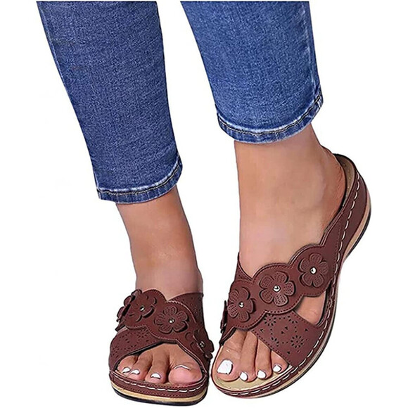 Shoes - Floral Casual Wedge Sandals In Brown